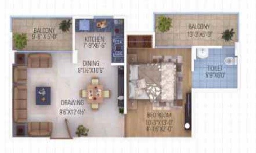 Floor plan of 1 BHK 810 Sq. Ft. Apartment in Aradhana Bhavyaa Green, Jaipur