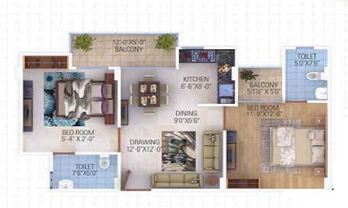Floor plan of 2 BHK 1015 Sq. Ft. Apartment in Aradhana Bhavyaa Green, Jaipur