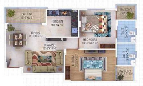 Floor plan of 2 BHK 1135 Sq. Ft. Apartment in Aradhana Bhavyaa Green, Jaipur