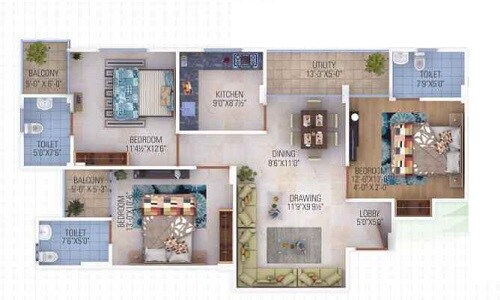 Floor plan of 3 BHK 1490 Sq. Ft. Apartment in Aradhana Bhavyaa Green, Jaipur