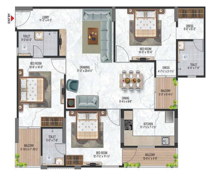 Floor plan of 3 BHK 1138 Sq. Ft. Apartment in Aradhana Bhavyaa Green Grandeur, Jaipur