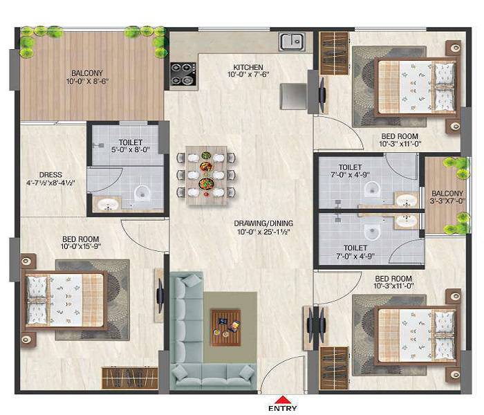 Floor plan of 3 BHK 911 Sq. Ft. Apartment in Aradhana Bhavyaa Green Grandeur, Jaipur