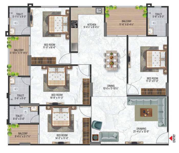 Floor plan of 4 BHK 1554 Sq. Ft. Apartment in Aradhana Bhavyaa Green Grandeur, Jaipur