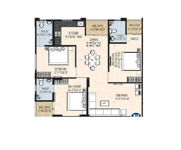 Floor plan of 3 BHK 1173 Sq. Ft. Apartment in Aradhana Bhavyaa Green Luxuria, Jaipur