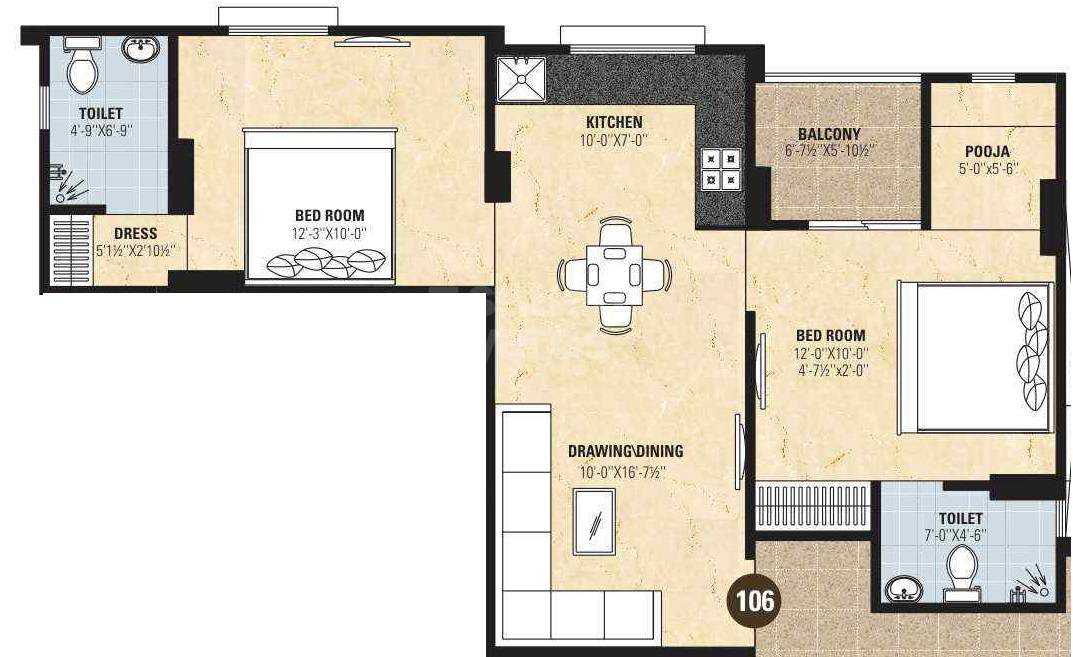 Floor plan of 2 BHK 619 Sq. Ft. Apartment in Aradhana Bhavyaa Green Zenith, Jaipur