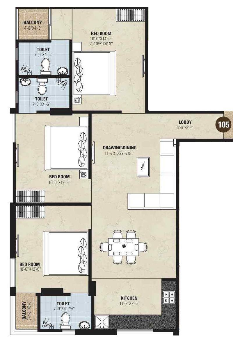 Floor plan of 3 BHK 892 Sq. Ft. Apartment in Aradhana Bhavyaa Green Zenith, Jaipur