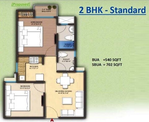 Floor plan of 2 BHK 702 Sq. Ft. Apartment in ARG Group Ananta, Jaipur
