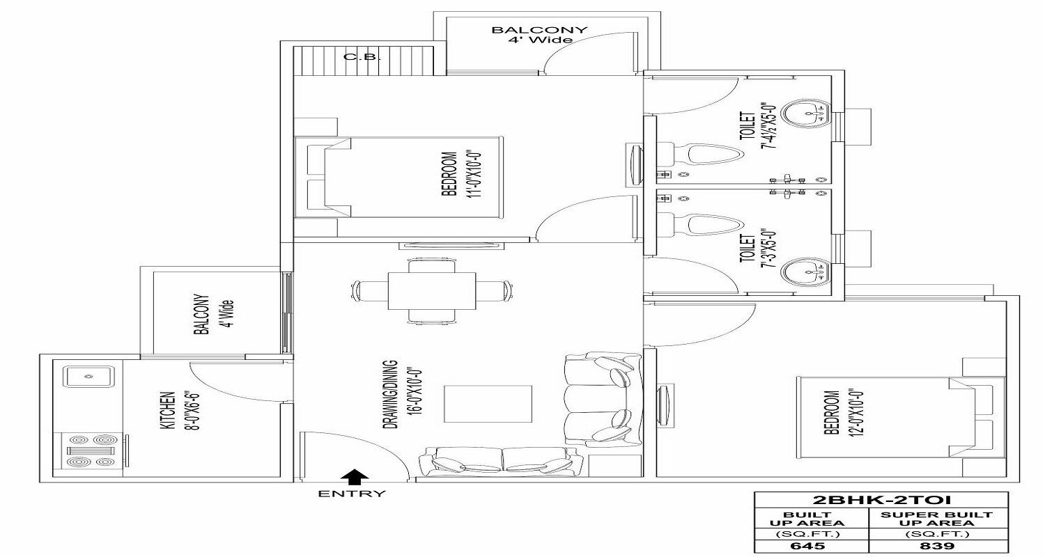 Floor plan of 2 BHK 839 Sq. Ft. Apartment in ARG Group Ananta, Jaipur