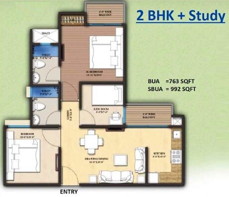 Floor plan of 3 BHK 992 Sq. Ft. Apartment in ARG Group Ananta, Jaipur