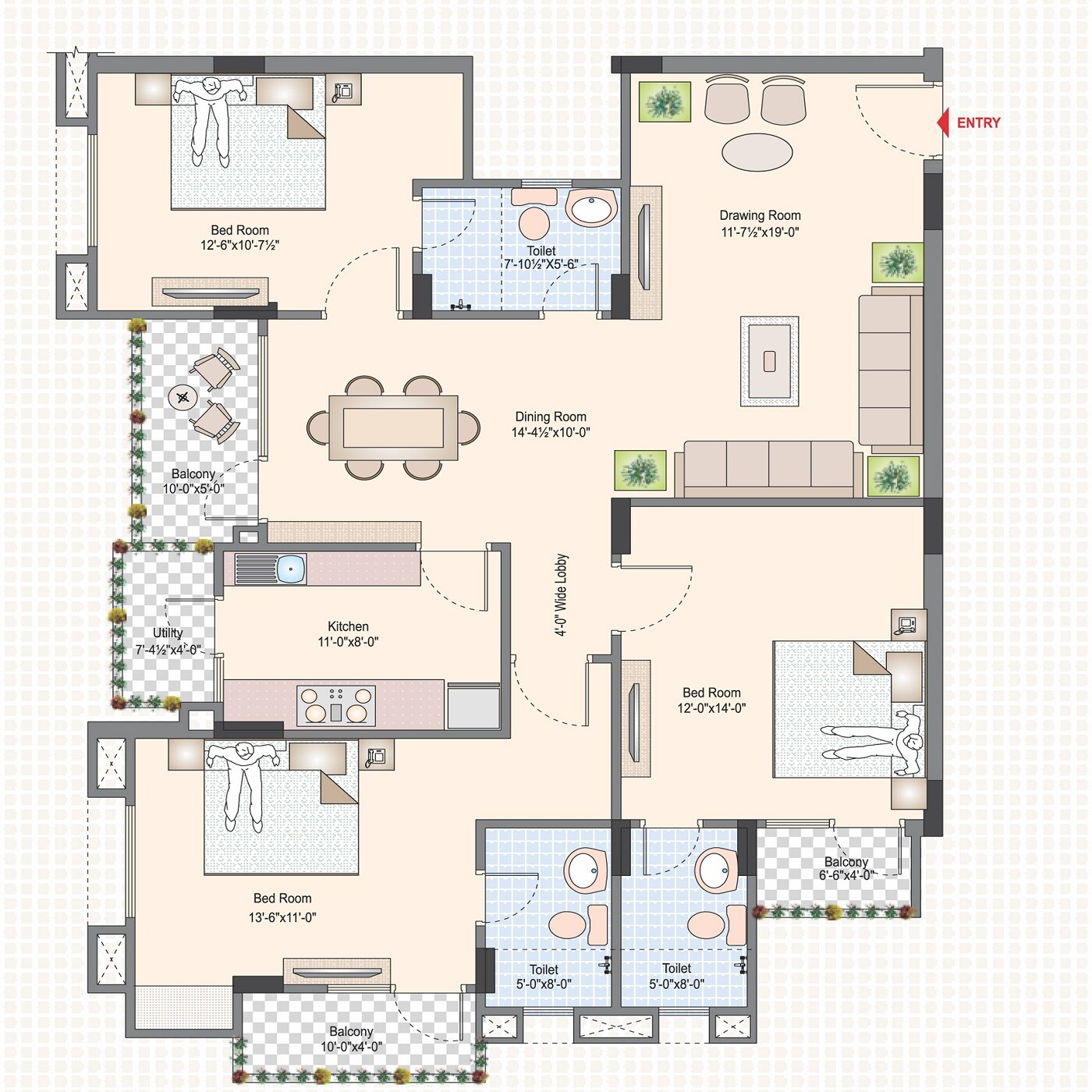 Floor plan of 3 BHK 1758 Sq. Ft. Apartment in ARG Silver Spring, Jaipur