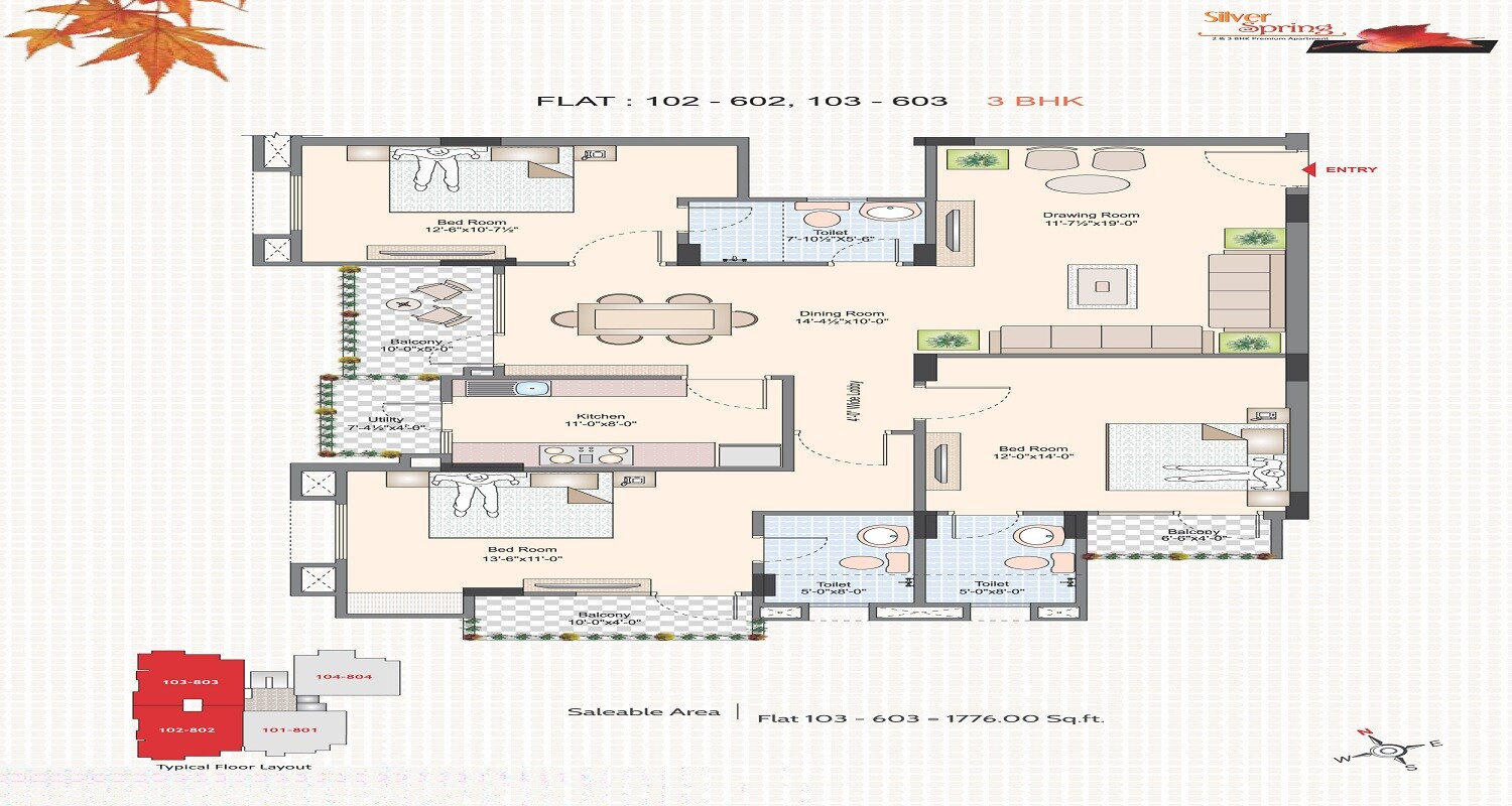 Floor plan of 3 BHK 1837 Sq. Ft. Apartment in ARG Silver Spring, Jaipur
