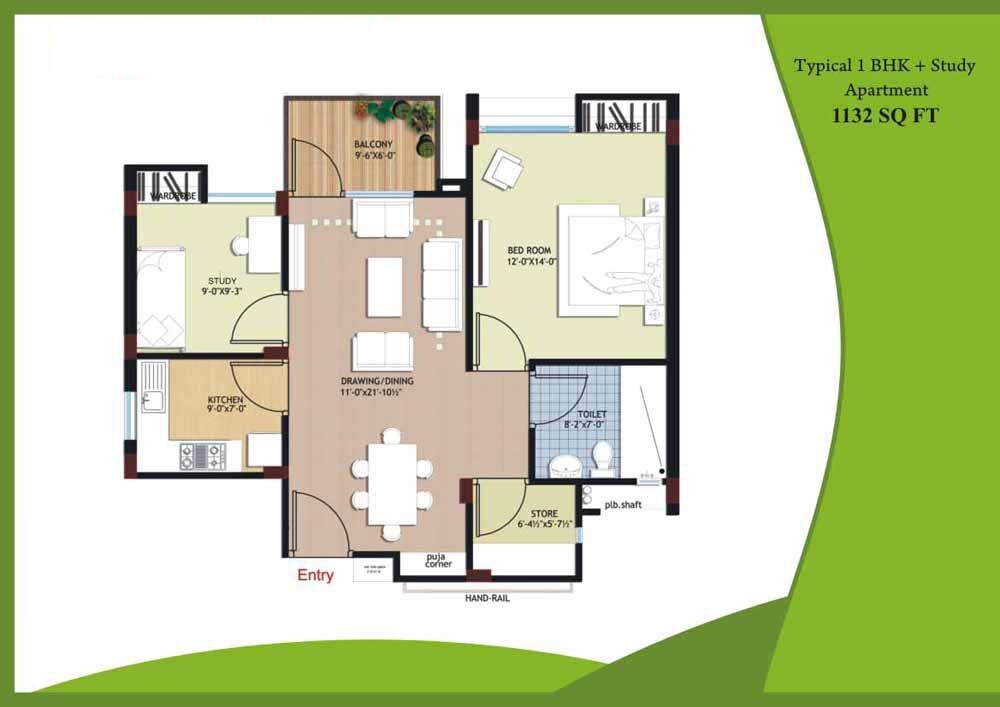 Floor plan of 1 BHK 1132 Sq. Ft. Apartment in ARG Vintage Homes, Jaipur