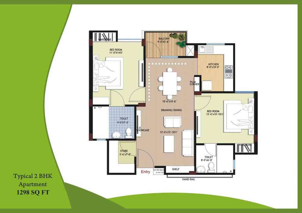 Floor plan of 2 BHK 1298 Sq. Ft. Apartment in ARG Vintage Homes, Jaipur