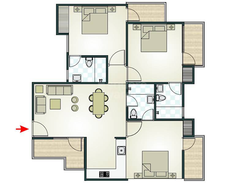 Floor plan of 3 BHK 1300 Sq. Ft. Apartment in Arihant Dynasty, Jaipur