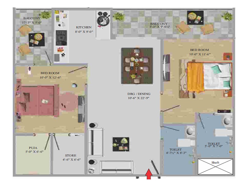 Floor plan of 2 BHK 1178 Sq. Ft. Apartment in Arihant Eminent Towers, Jaipur