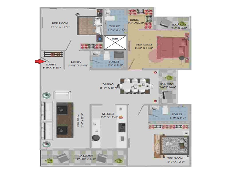 Floor plan of 3 BHK 2048 Sq. Ft. Apartment in Arihant Eminent Towers, Jaipur