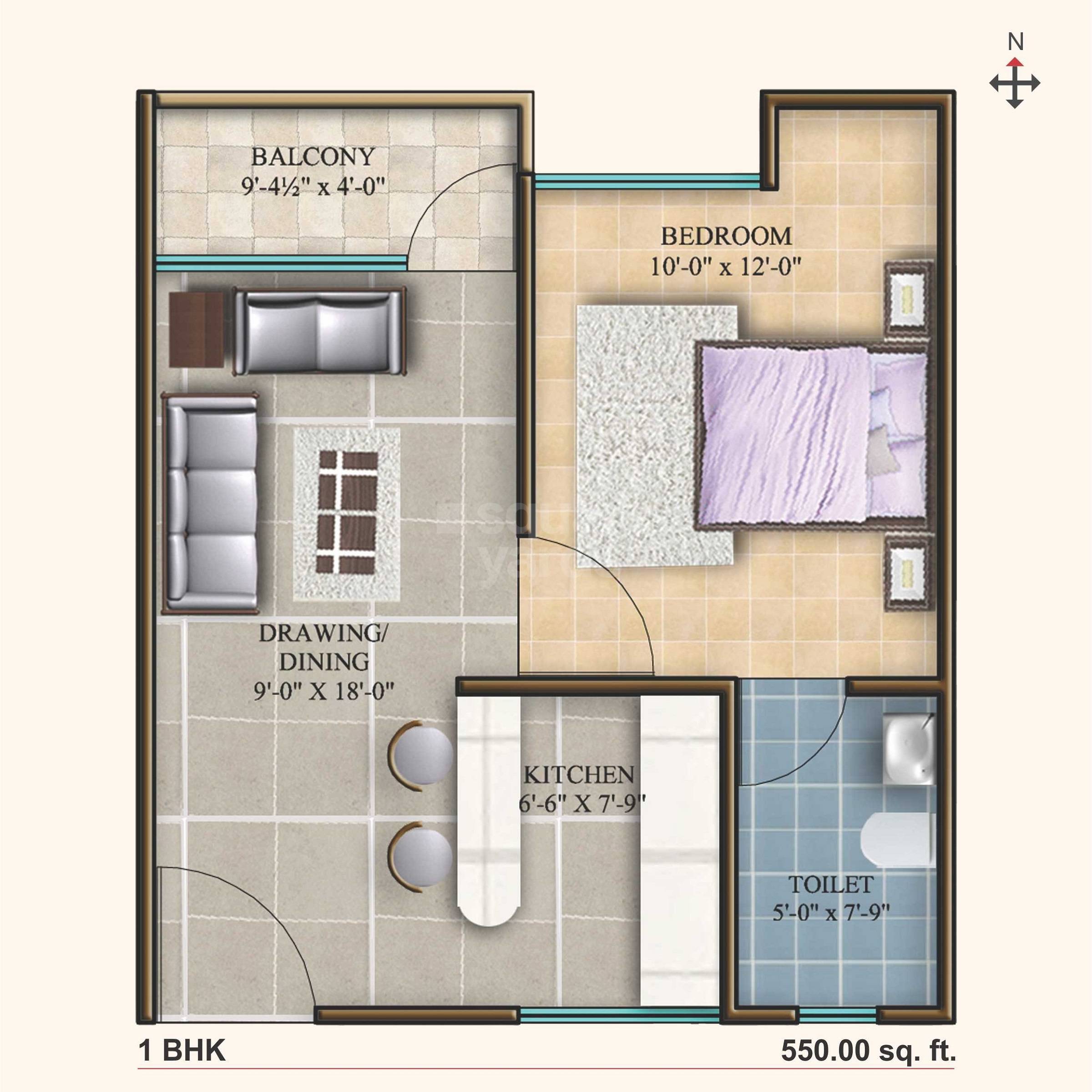 Floor plan of 1 BHK 555 Sq. Ft. Apartment in Arihant Legacy, Jaipur