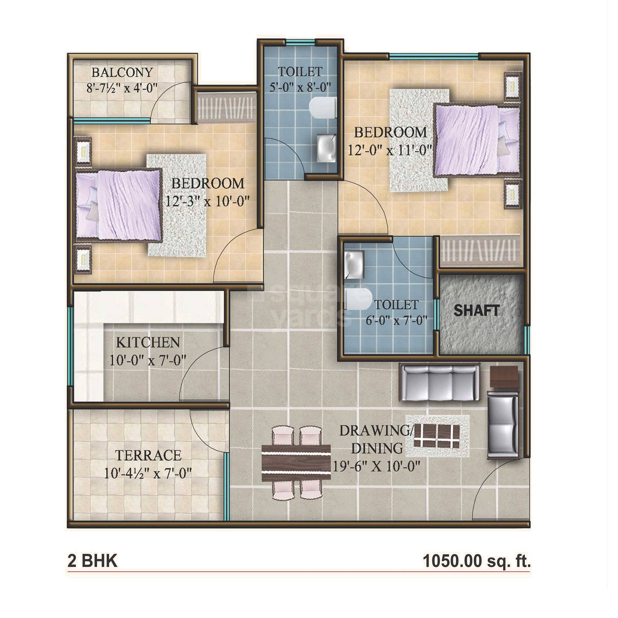 Floor plan of 2 BHK 1050 Sq. Ft. Apartment in Arihant Legacy, Jaipur