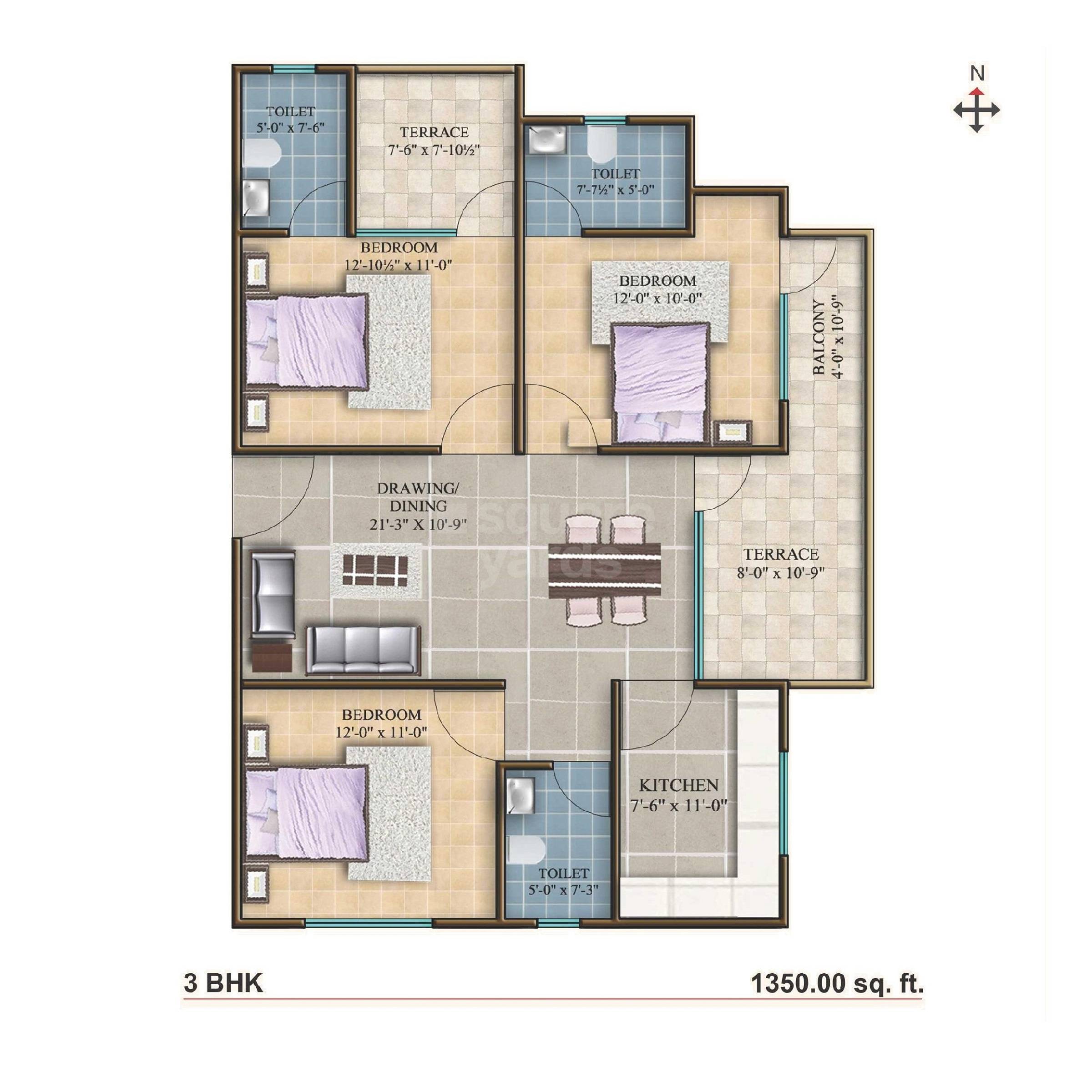 Floor plan of 3 BHK 1350 Sq. Ft. Apartment in Arihant Legacy, Jaipur