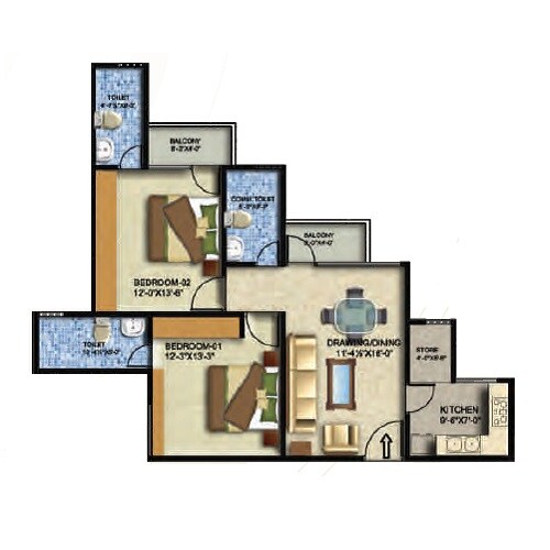 Floor plan of 2 BHK 1163 Sq. Ft. Apartment in Arihant Sai Residency, Jaipur