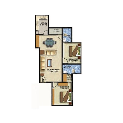 Floor plan of 2 BHK 1233 Sq. Ft. Apartment in Arihant Sai Residency, Jaipur