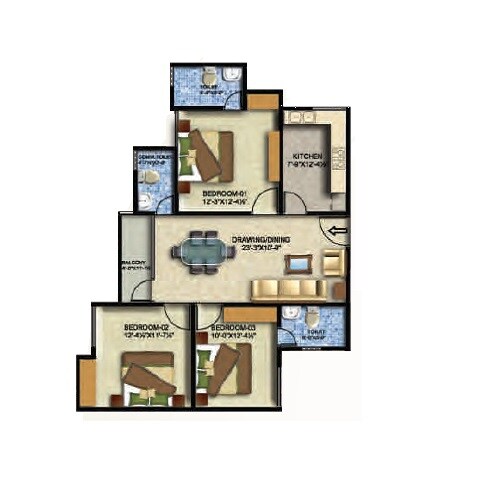 Floor plan of 3 BHK 1297 Sq. Ft. Apartment in Arihant Sai Residency, Jaipur