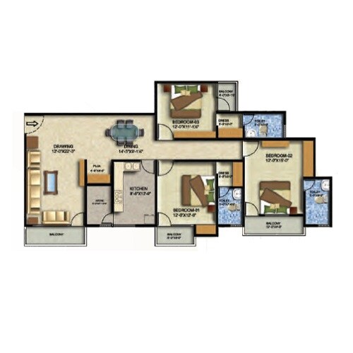Floor plan of 3 BHK 1977 Sq. Ft. Apartment in Arihant Sai Residency, Jaipur