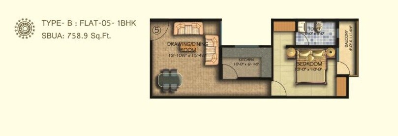 Floor plan of 1 BHK 758 Sq. Ft. Apartment in Arihant Shri Krishnam Heights, Jaipur