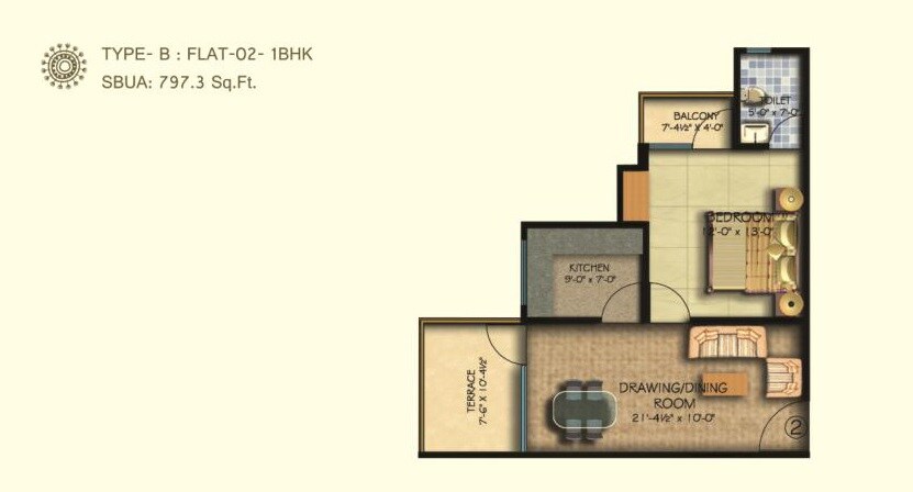 Floor plan of 1 BHK 797 Sq. Ft. Apartment in Arihant Shri Krishnam Heights, Jaipur