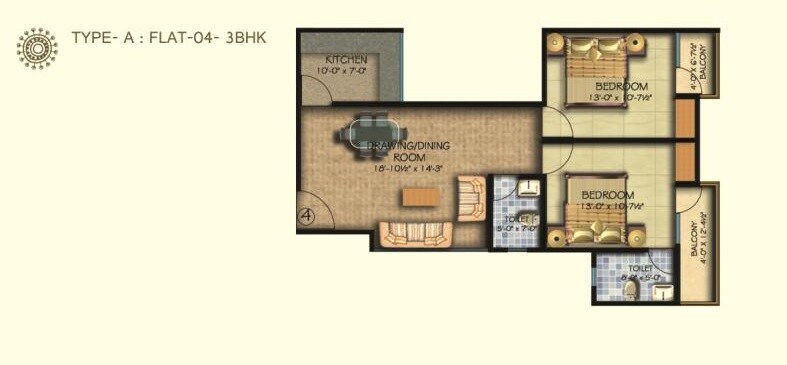 Floor plan of 2 BHK 1096 Sq. Ft. Apartment in Arihant Shri Krishnam Heights, Jaipur