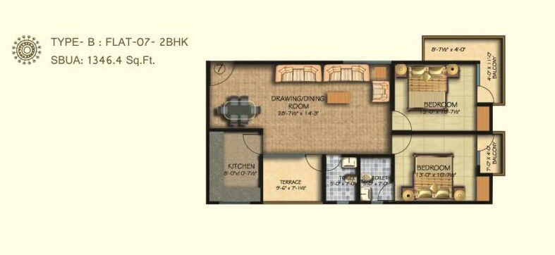 Floor plan of 2 BHK 1346 Sq. Ft. Apartment in Arihant Shri Krishnam Heights, Jaipur