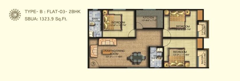Floor plan of 3 BHK 1323 Sq. Ft. Apartment in Arihant Shri Krishnam Heights, Jaipur