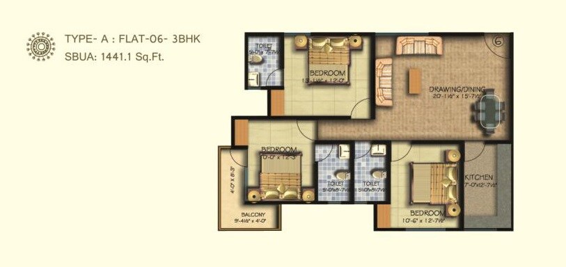 Floor plan of 3 BHK 1441 Sq. Ft. Apartment in Arihant Shri Krishnam Heights, Jaipur
