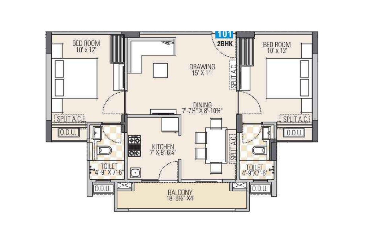 Floor plan of 2 BHK 990 Sq. Ft. Apartment in Ashadeep Rainbow Apartment, Jaipur