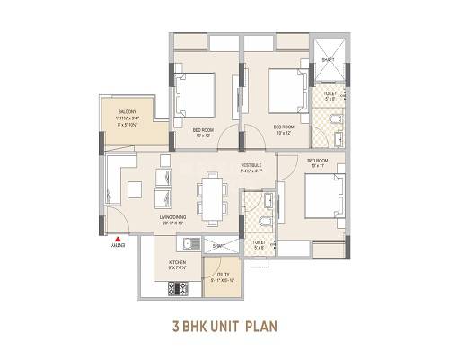 Floor plan of 3 BHK 1163 Sq. Ft. Apartment in Ashadeep Rainbow Apartment, Jaipur