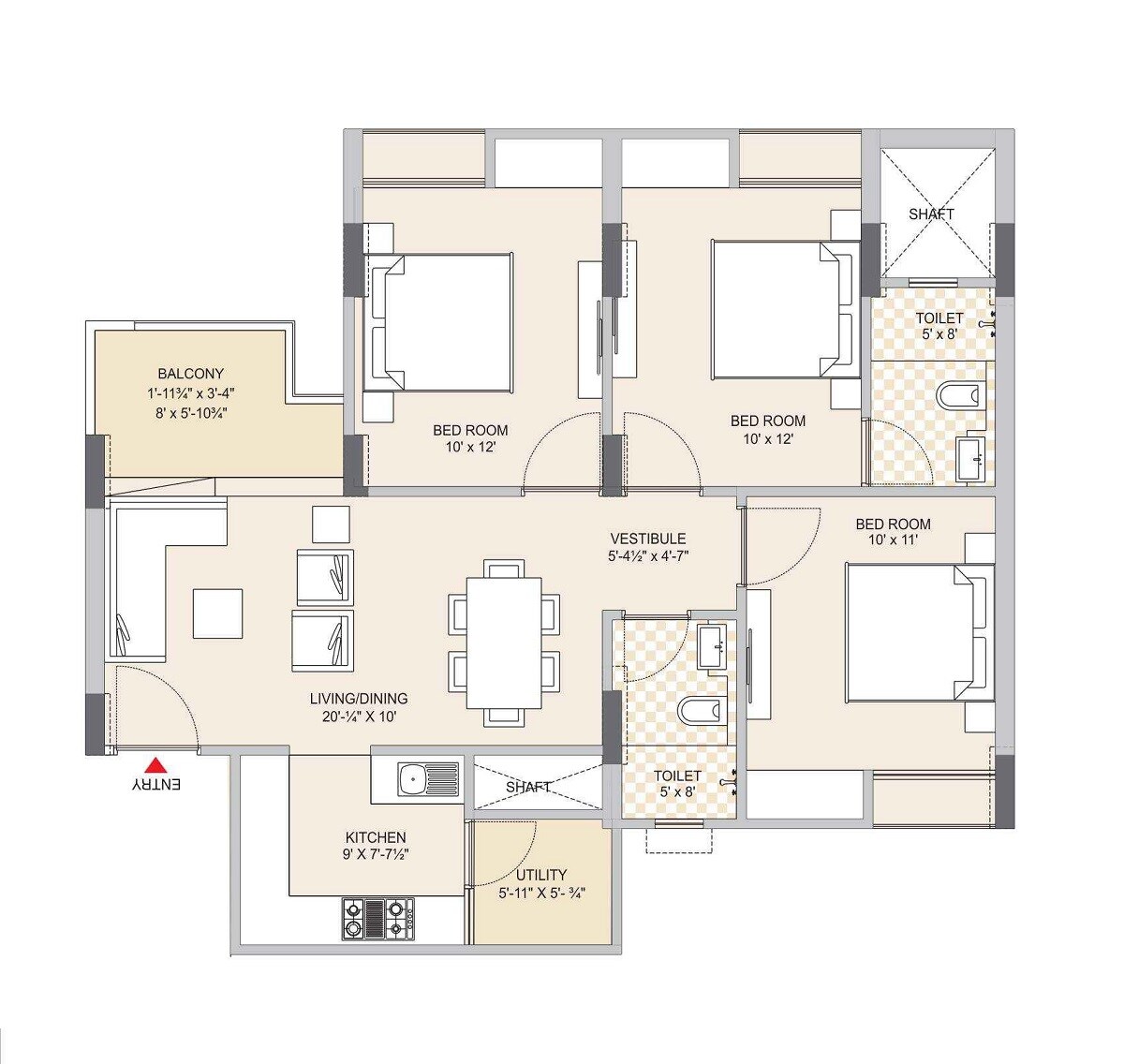 Floor plan of 3 BHK 1213 Sq. Ft. Apartment in Ashadeep Rainbow Apartment, Jaipur