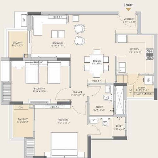Floor plan of 2 BHK Apartment - 1064 sq. ft. in Ashadeep Vedanta, Jaipur