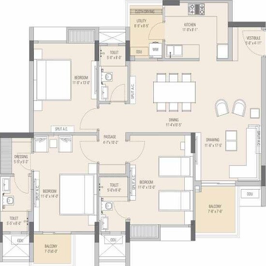 Floor plan of 3 BHK Apartment - 1408 sq. ft. in Ashadeep Vedanta, Jaipur