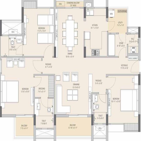 Floor plan of 3 BHK Apartment - 1706 sq. ft. in Ashadeep Vedanta, Jaipur