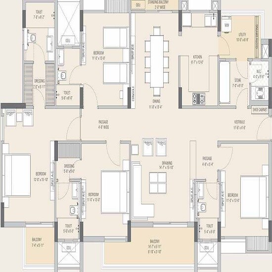 Floor plan of 4 BHK Apartment - 2110 sq. ft. in Ashadeep Vedanta, Jaipur