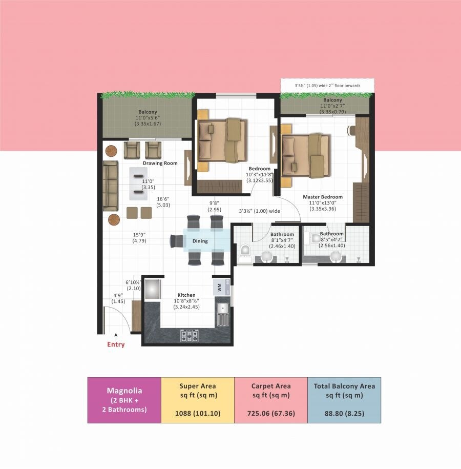 Floor plan of 2 BHK 1088 Sq. Ft. Apartment in Ashiana Daksh Phase 1, Jaipur