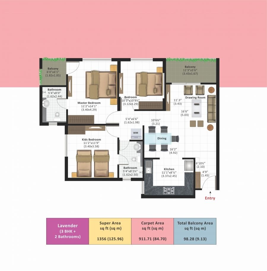 Floor plan of 3 BHK 1356 Sq. Ft. Apartment in Ashiana Daksh Phase 1, Jaipur