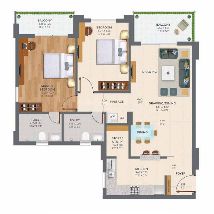 2 BHK 845 Sq. Ft. Apartment