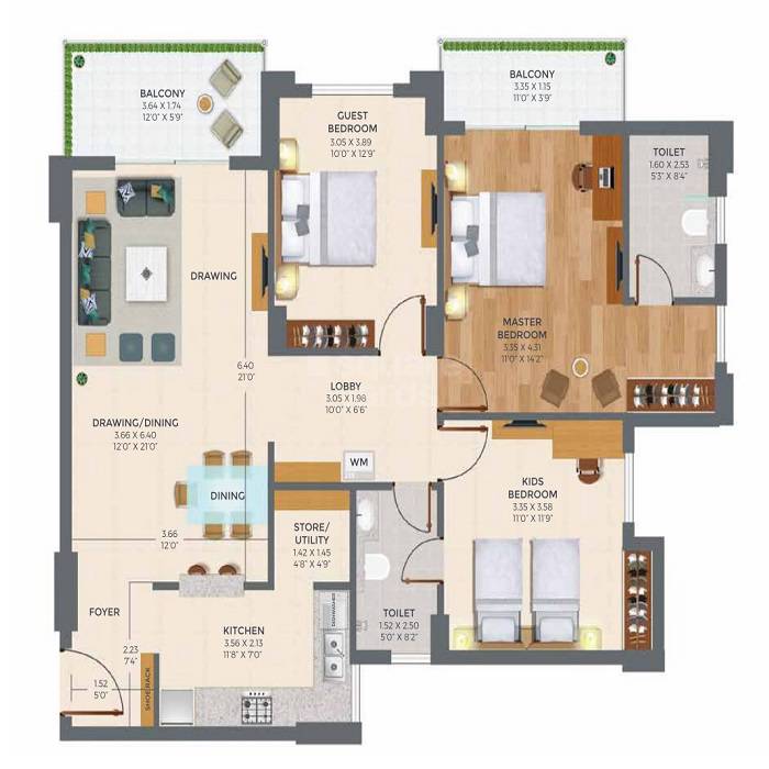 3 BHK 1216 Sq. Ft. Apartment