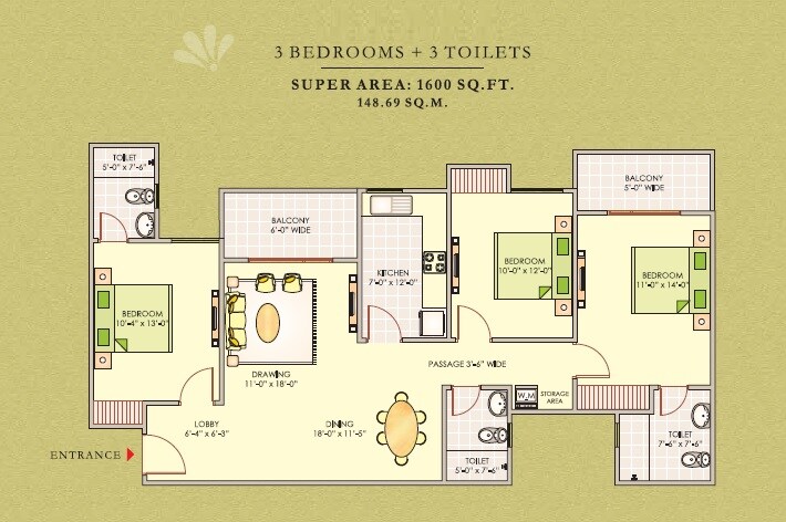 Floor plan of 3 BHK 1600 Sq. Ft. Apartment in Ashiana Greens, Jaipur