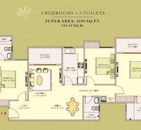 3 BHK 1600 Sq. Ft. Apartment in Ashiana Greens