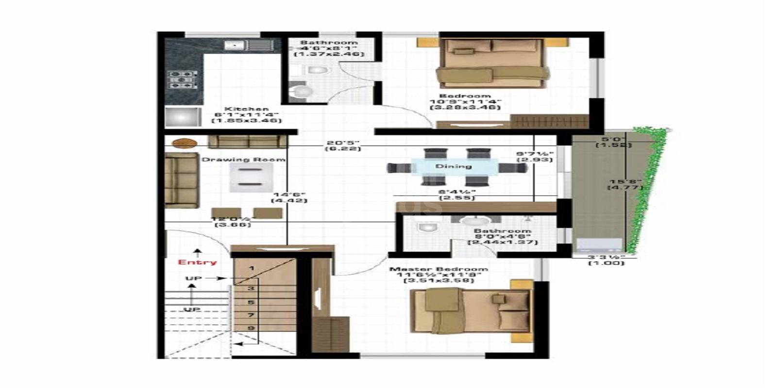 Floor plan of 2 BHK 1060 Sq. Ft. Apartment in Ashiana Gulmohar Gardens Villas, Jaipur