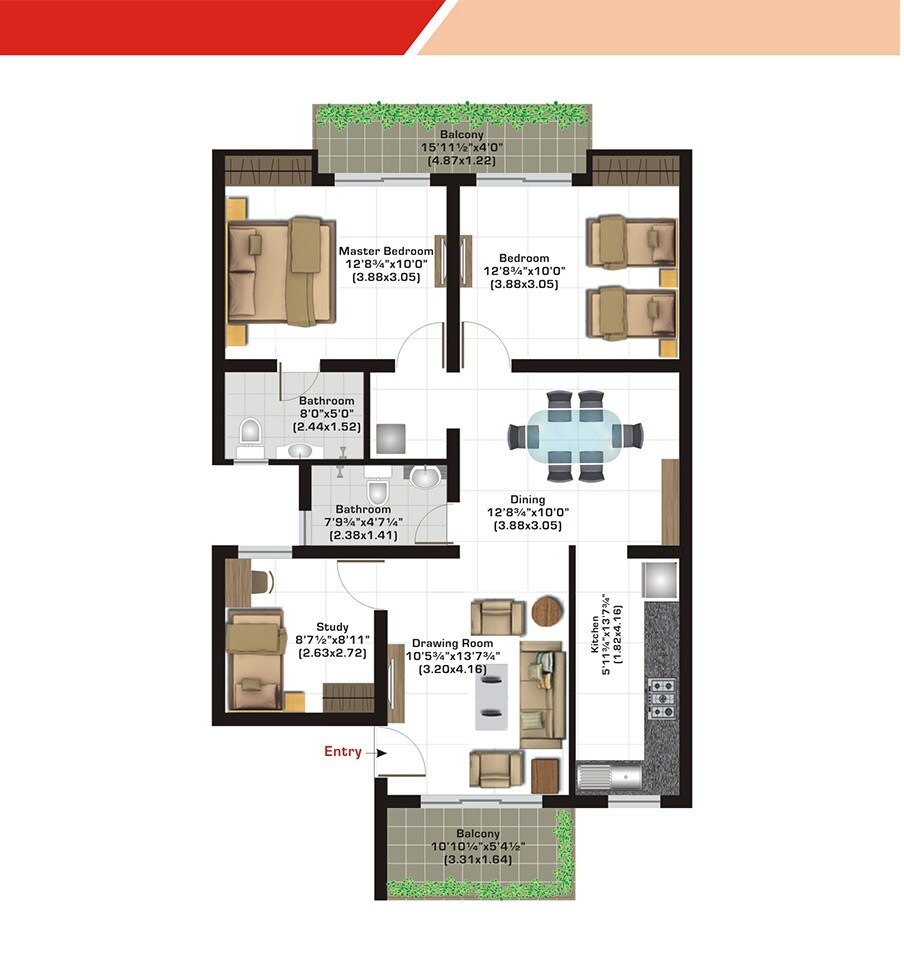 Floor plan of 2 BHK 1127 Sq. Ft. Apartment in Ashiana Gulmohar Gardens Villas, Jaipur
