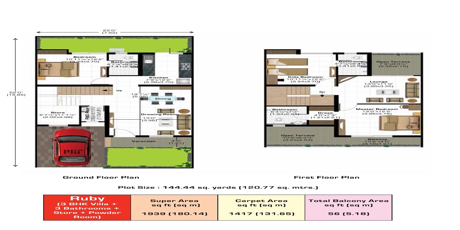 Floor plan of 3 BHK 1939 Sq. Ft. Villa in Ashiana Gulmohar Gardens Villas, Jaipur