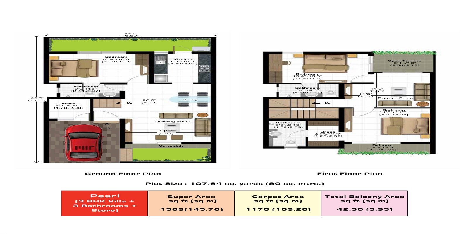 Floor plan of 3 BHK 1569 Sq. Ft. Villa in Ashiana Gulmohar Gardens Villas, Jaipur
